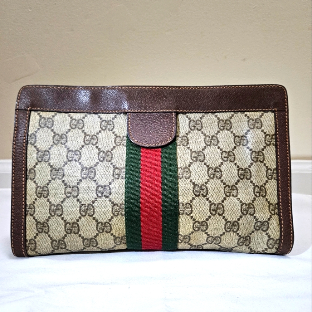 Vintage Gucci Parfum Pouch Bag Sherry Line Monogram Leather Trim Size 11"x7"x3"